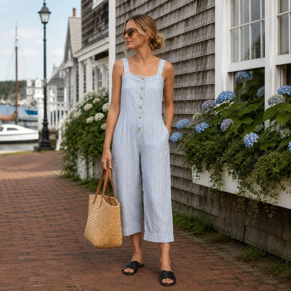 Everlane Womens Linen Picnic Jumpsuit 8 Blue Stripe Cropped Wide Leg Coastal